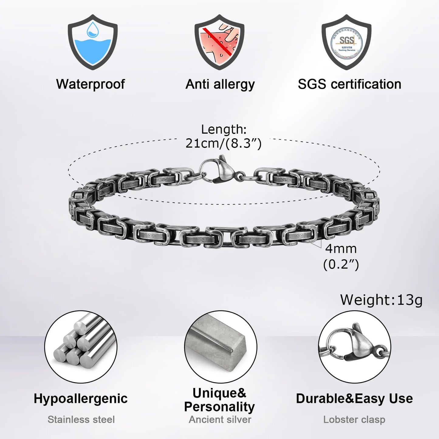 Men's Byzantine Bracelet 4mm Grey Stainless Steel | Handmade Retro Link Chain Bracelet for Men | Gift for Him
