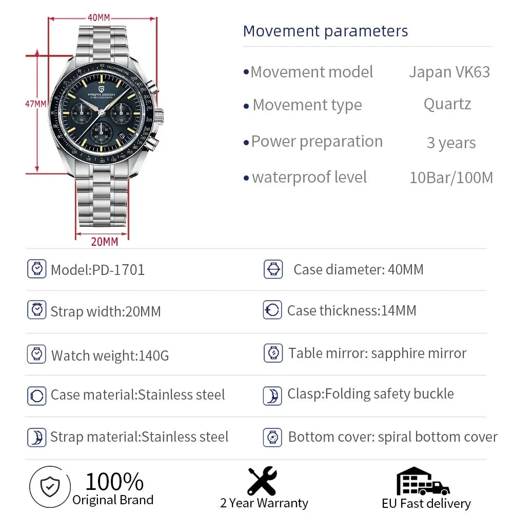 PAGANI DESIGN PD-1701B Chronograph Watch for Men | 100M Waterproof Stainless Steel Wristwatch with Seiko VK63 Quartz Movement