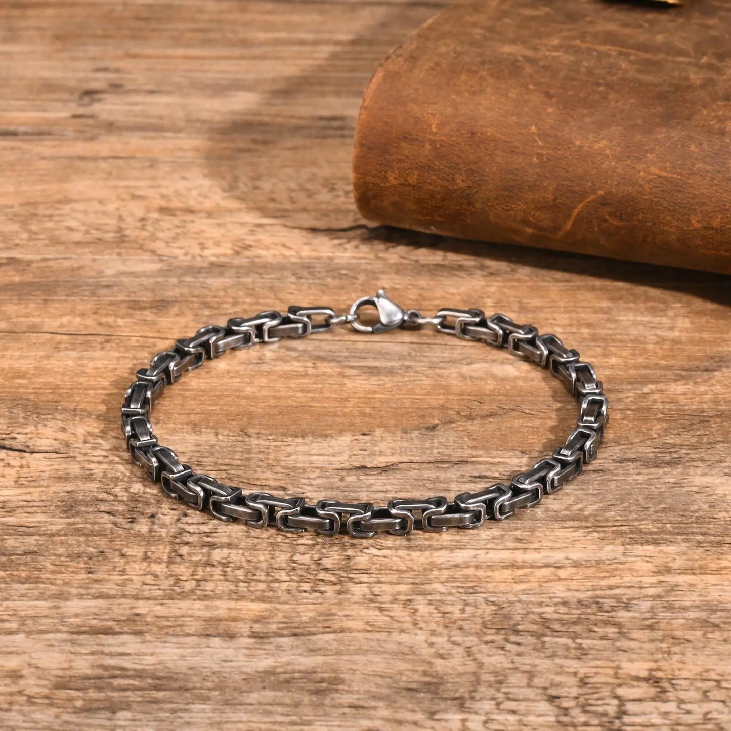Men's Byzantine Bracelet 4mm Grey Stainless Steel | Handmade Retro Link Chain Bracelet for Men | Gift for Him