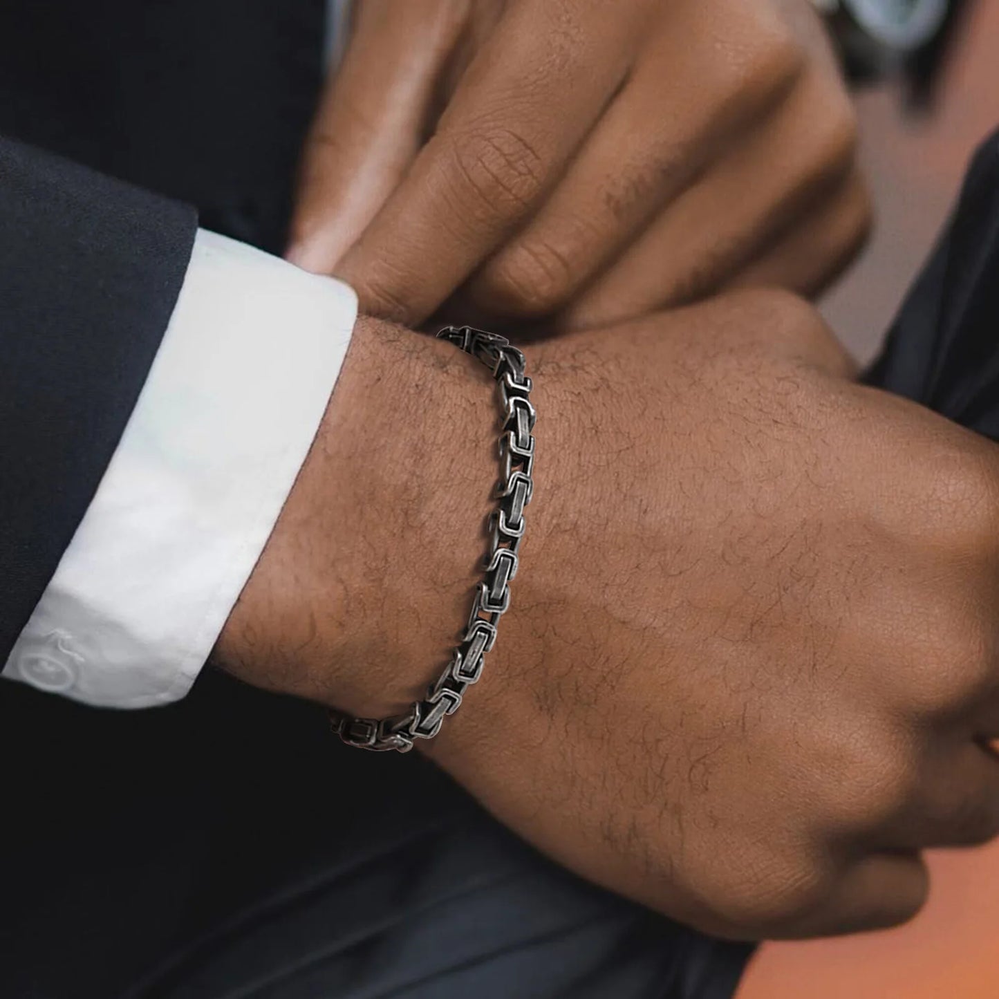 Men's Byzantine Bracelet 4mm Grey Stainless Steel | Handmade Retro Link Chain Bracelet for Men | Gift for Him