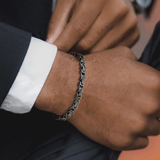 Men's Byzantine Bracelet 4mm Grey Stainless Steel | Handmade Retro Link Chain Bracelet for Men | Gift for Him