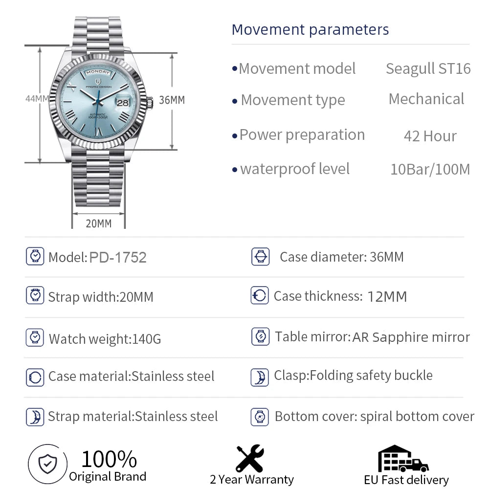 PAGANI DESIGN PD-1752 Automatic Mechanical Watch | 100M Waterproof with Sapphire Crystal & Seagull ST16 Movement
